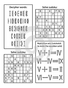 Puzzle page with 4 abstract variety puzzles: decipher coded words; sudoku; roman numerals. Black and white. Letter sized. photo